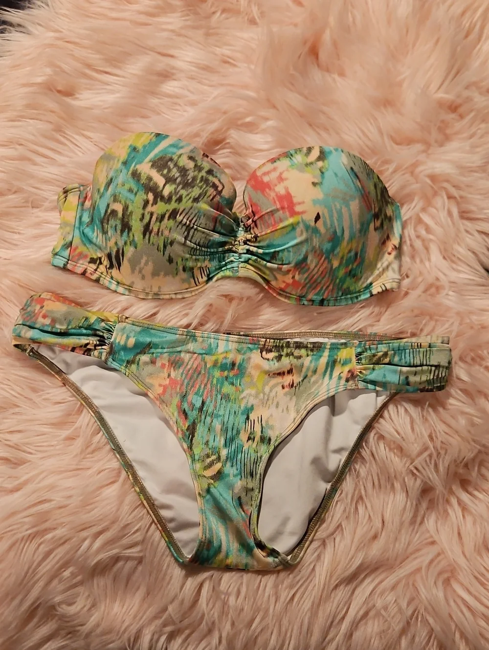 Vintage 2014 VS Tropical Watercolor Push Up BeachBandeau Ribbon Strapless Bikini